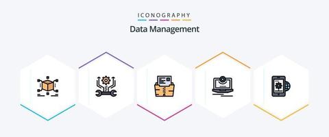 Data Management 25 FilledLine icon pack including video. computer. zip. camera. folder vector