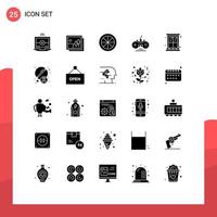 25 Thematic Vector Solid Glyphs and Editable Symbols of frame decoration fruit game pad game Editable Vector Design Elements