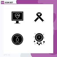 Pack of 4 Modern Solid Glyphs Signs and Symbols for Web Print Media such as heart power ribbon medical clock Editable Vector Design Elements