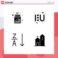 Universal Icon Symbols Group of 4 Modern Solid Glyphs of cash alphabetical money heart sign sort Editable Vector Design Elements