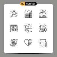 Mobile Interface Outline Set of 9 Pictograms of mouse connected protection cloud education Editable Vector Design Elements