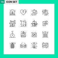 16 User Interface Outline Pack of modern Signs and Symbols of man setting ahnd configuration hand Editable Vector Design Elements