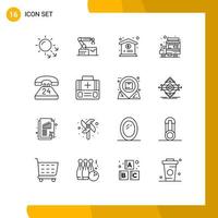 User Interface Pack of 16 Basic Outlines of communication anytime medical food stall shop Editable Vector Design Elements