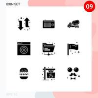 Pack of 9 Modern Solid Glyphs Signs and Symbols for Web Print Media such as internet target truck internet roller Editable Vector Design Elements