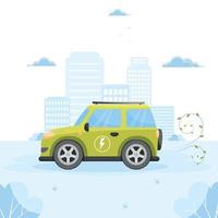 Environmentally friendly car concept. Electric car. Vector car on a city background. The concept of environmentally friendly vehicle, charging electric cars at an electric charging station