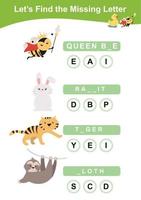 Find missing letter worksheet. Animals Theme Names Worksheet. Educational activity for preschool kids. Writing activity for children. Vector file.