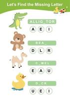 Find missing letter worksheet. Animals Theme Names Worksheet. Educational activity for preschool kids. Writing activity for children. Vector file.