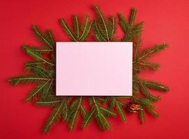 congratulatory Christmas background with an empty pink sheet and green branches of spruce photo