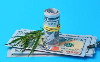 folded cash US dollars, green hemp leaf photo