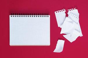 open notebook in a cell and a torn sheet on a red background photo