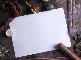 white sheet in the middle of religious objects for meditation photo