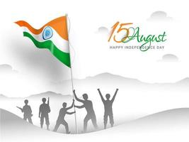 soldado del ejército indio izando la bandera en la cima de la montaña para celebrar el 15 de agosto feliz día de la independencia. vector