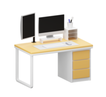 wood desk with computer, moniter, computer. 3D rendering. png