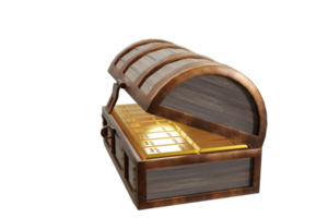 Goldbarren oder Barren werden in eine Schatztruhe gelegt. Box besteht aus altem 3D-Rendering. png
