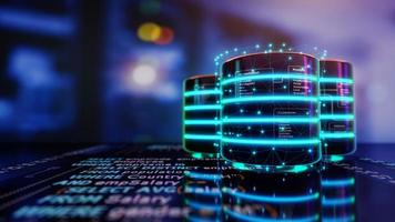 Relational database tables on databases are placed on Structured Query Language code with server room background. Concept of Database server, SQL, Database diagram design. 3D render. photo