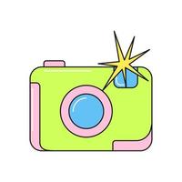 Old camera retro 90s style. Colorful vector sticker isolated on white background.