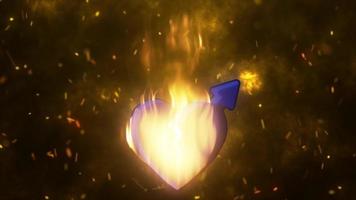 resumen ardiente ardiente en fuego amoroso corazón masculino símbolo astronómico símbolo de Marte para San Valentín día en el antecedentes de chispas. vídeo 4k, movimiento diseño video