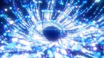 resumen volador en un espiral en un torbellino explotando azul brillante luminoso partículas mágico energía, resumen antecedentes. vídeo 4k, movimiento diseño video