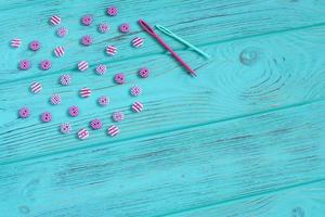 Sewing set on wooden table, copy space photo