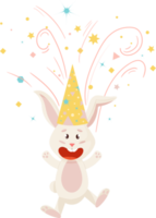 conejito personaje. saltando y riendo divertido, contento cumpleaños dibujos animados Conejo con Fuegos artificiales. png