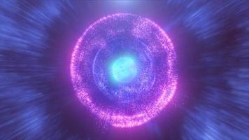 abstrakt runden Blau und lila Kugel gemacht von fliegend Partikel glühend Energie wissenschaftlich futuristisch Atom Molekül Hi-Tech Hintergrund. Video 4k, Bewegung Design