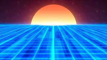 Abstract blue glowing neon laser grid retro futuristic high tech from 80s, 90s with energy lines on surface and horizon with sun, abstract background. Video 4k, motion design