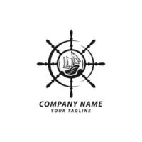 Sailing cruises logo on blurred sea background. Sailboat trips emblem with Steering, Vector template.