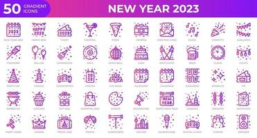 New year 2023 icons in gradient style. Calendar, Confetti, Pizza. Gradient icons collection. Holiday symbol. Vector illustration