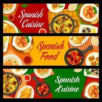 Spanish cuisine food, lunch, dinner dishes banners vector