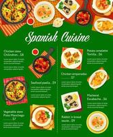 Spanish cuisine food, lunch and dinner dishes menu vector