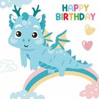 Colorful birthday card for children with cute baby dragon theme. Vector file.