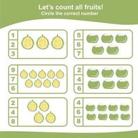 Counting worksheet for children. Count and circle the answer. Mathematic worksheet. Vector illustration.