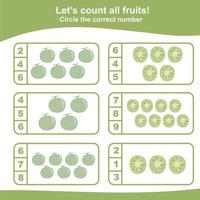 Counting worksheet for children. Count and circle the answer. Mathematic worksheet. Vector illustration.