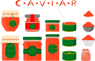 big set various types fish caviar, metal can different size png