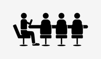 icon of a person sitting at a long table, black and white icon of a person. vector icon of a meeting or business. simple icon template