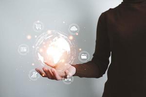 Concept global data connection with internet technology, users are using smartphone for online transactions by internet technology, big data, database management, cloud computing, cashless society. photo