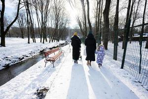 Back view of mothers and children walking on a sunny frosty winter day in the park. photo