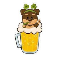 Cute dog in mug of beer with St Patricks Day party headband with shamrocks vector