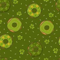 Donut themed pattern on dark green background with clover and shamrocks for St Patricks Day vector