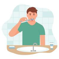 Man brushes tongue with a toothbrush. Smiling mouth with tongue and healthy teeth. Oral hygiene and dental procedures concept. Cute vector illustration isolated on white background