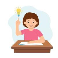 Happy cute girl at the desk  with light idea.Vector illustration vector