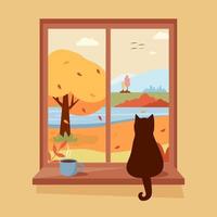 Autumn window with view, a coffee or tea cup on the sill.Cute Cat sitting on the window. Cozy vector illustration in flat style