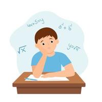 chico haciendo deberes y sensación confundido. niño a su escritorio resolviendo un matemáticas problema. vector ilustración