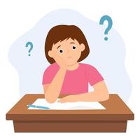 Cute kid doing homework  and feel confused. School girl Thinking Something. Question mark. Vector illustration