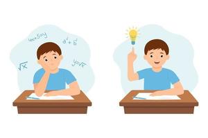 Child at his desk solving a math problem.Boy has a good idea to do homework or exam. Vector illustration
