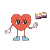 Trendy retro cartoon heart character. Groovy style, vintage, 70s 60s aesthetics. Valentines day, non-binary flag. vector