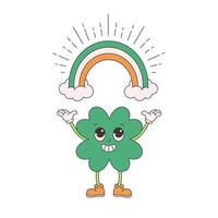 Trendy retro cartoon character clover with four leaf and rainbow. Happy Saint Patrick's Day. Groovy style, vintage, 70s 60s aesthetics vector