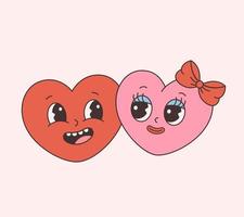 Trendy retro cartoon heart characters, love couple. Groovy style, vintage, 70s 60s aesthetics. Valentines day. vector