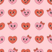 Trendy retro cartoon heart characters seamless pattern. Groovy style, vintage, 70s 60s aesthetics. Valentines day vector