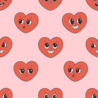 Trendy retro cartoon heart characters seamless pattern. Groovy style, vintage, 70s 60s aesthetics. Valentines day vector